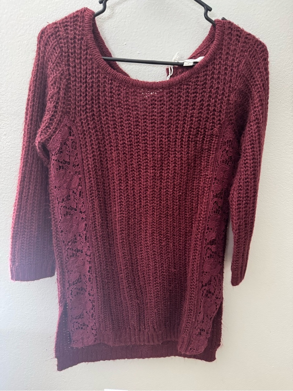 LC Lauren Conrad Burgundy Lace-Panel Crewneck Sweater